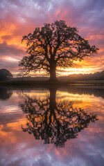 A beautiful sunset illuminates a large oak tree reflected in calm water.