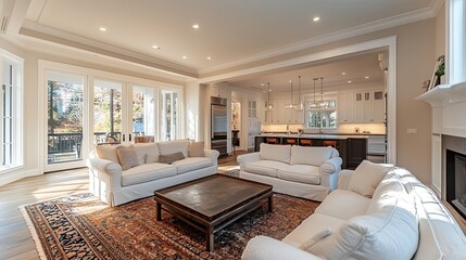 A living room with white sofas, a dark wood coffee table, and an open view into a bright kitchen area
