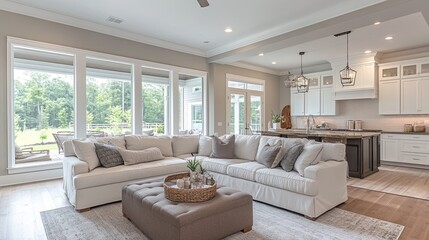 Bright open concept living space with white sectional sofa and kitchen in background during daytime