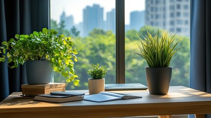 A view of a wooden desk with plants, notebook, and laptop in front of a window with city background