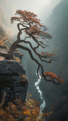 A solitary tree with vibrant orange leaves growing on the edge of a cliff overlooking a misty valley.