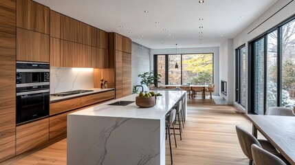 Interior of a modern kitchen with wood cabinets marble island and large windows offering natural light