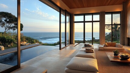 A luxurious living room with ocean view, featuring a pool and large windows letting in natural light