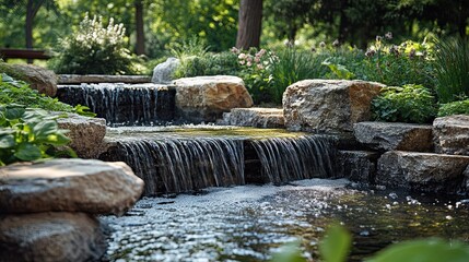 A scenic view of a small cascading waterfall surrounded by rocks and lush greenery in a tranquil garden