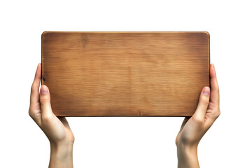 Human hand holding a blank wooden protest or demonstration sign, isolated on white or transparent background. Ideal for activism, message, or campaign design.