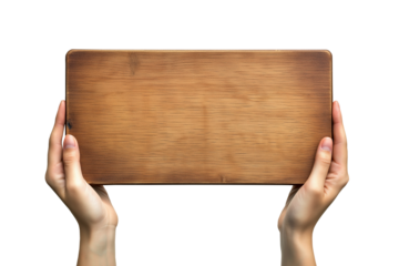 Human hand holding a blank wooden protest or demonstration sign, isolated on white or transparent background. Ideal for activism, message, or campaign design.