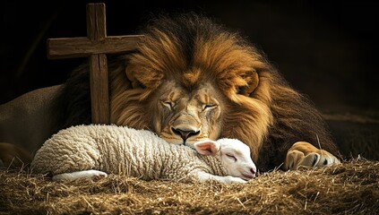 Lion and lamb peacefully sleeping together with Jesus’ cross symbolizing love and harmony