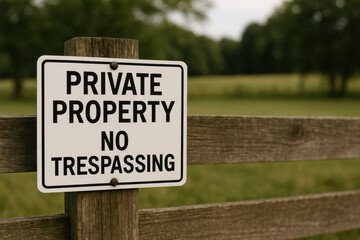 Private Property Sign: A weathered wooden fence frames a sign, with a verdant meadow in the backdrop, the words "Private Property No Trespassing" conveying a sense of boundaries and exclusivity.