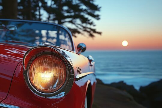 Fototapeta Red vintage car headlight in focus against ocean sunset, reflecting tranquility and classic automotive charm.