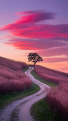 A stunning sunset paints the sky above a winding road and a solitary tree.