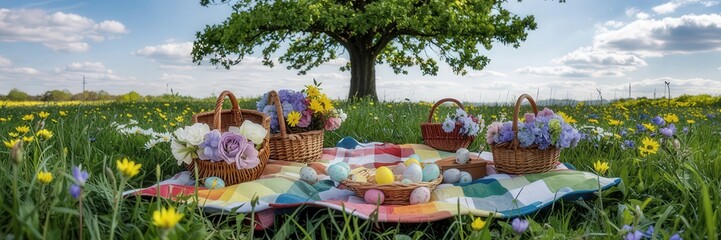 Colorful Easter picnic setup with baskets of flowers and painted eggs on a blanket in a sunny spring meadow