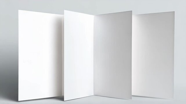 Blank white four-panel brochure mockup standing open on a neutral grey background, ready for graphics, design, and informational placement.