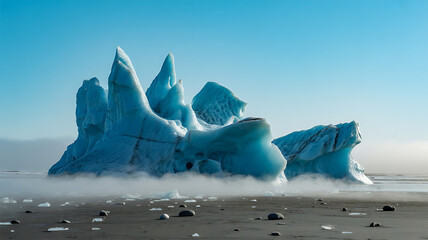 A majestic iceberg rests on a black sand beach under a clear, blue sky.