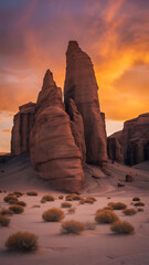 Stunning sunset over towering desert rock formations, casting warm golden light.