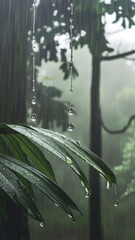 Raindrops cascade over lush green leaves, creating a refreshing scene in nature.