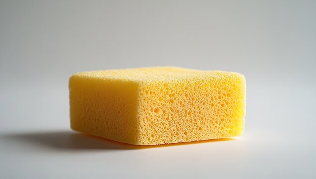 Detailed close-up of a yellow sponge with white and grey background, clean and sharp image