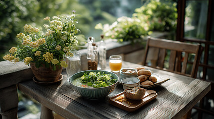 Rustic outdoor breakfast table with coffee, fresh bread, salad and flowers in morning sunlight, slow food lifestyle concept