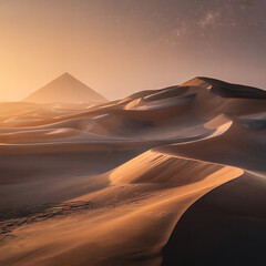 Stunning desert landscape showcasing a pyramid and sand dunes at sunset with a starry night.