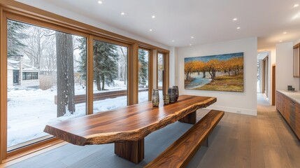 Large, rustic wooden dining table with benches in a modern home.