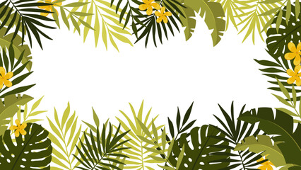 Hand drawn summer banner vector template illustration. Colorful frame with tropical leaves and flowers. Poster exotic foliage backdrop
