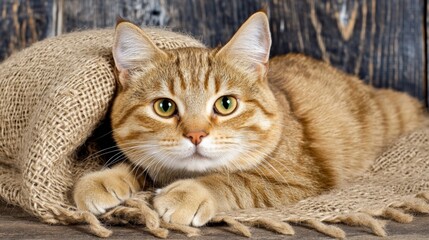 Close-up of a ginger tabby cat resting on a textured surface with a cozy background