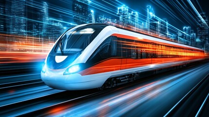 Fototapeta premium High-speed futuristic train moving through a vibrant cityscape at night