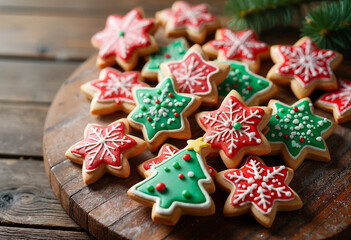 AI generated. Christmas cookies on a wooden background