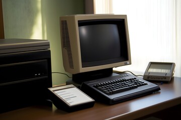 Vintage business computer workstation with a CRT monitor and peripherals on an office desk