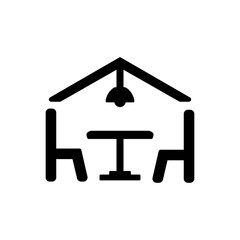 Simple dining room icon. Table, chairs and chandelier in line style. Interior design, floor plan, restaurant, cafe