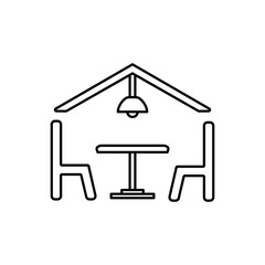 Simple dining room icon. Table, chairs and chandelier in line style. Interior design, floor plan, restaurant, cafe