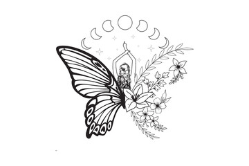 Magical Butterfly with Moon Phases and Crystals – Butterfly and Crystal Art Design