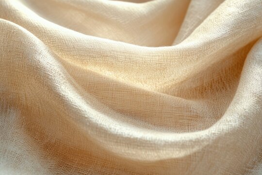A close-up captures soft, flowing beige fabric with its delicate weave and subtle highlights, evoking luxury.