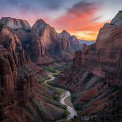 Vibrant sunset illuminates a winding river carving through a desert canyon.