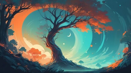 A stylized, vibrant tree at the center of a swirling landscape