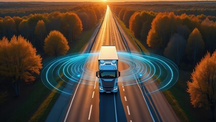 Illustration of autonomous truck driving on highway. Traffic sensors scan surroundings. Cargo delivery, future transportation powered by AI. Self driving vehicle on road.