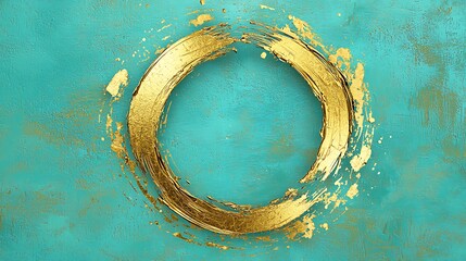 A broken gold circle brushstroke with soft blot smears radiating outward, creating a textured, artistic design on a bright teal background.