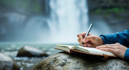 A person writing in a notebook by a waterfall.