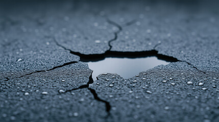 Cracked asphalt with water pooling in fissures on a dark surface  