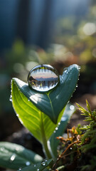 A stunning macro shot of a water droplet on a vibrant green leaf with an inverted landscape.