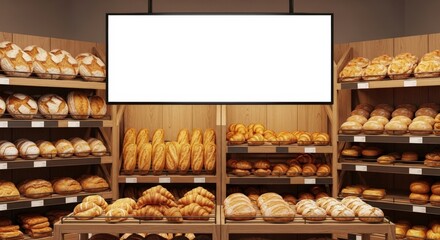 A bakery display with various breads and pastries on shelves, with a blank digital sign above it.