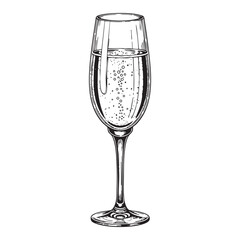 Glass of Champagne in a a Champagne Tulip Glass Doodle Art in black and white ink on a Transparent PNG Background, super detailed clean doodle