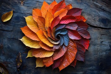 Colorful autumn leaves arranged in a mesmerizing spiral pattern, showcasing the beautiful transition of seasons.