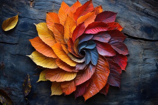 Colorful autumn leaves arranged in a mesmerizing spiral pattern, showcasing the beautiful transition of seasons.