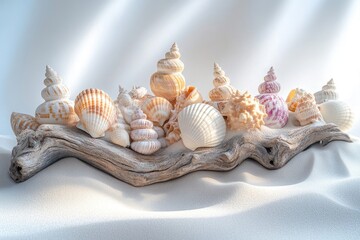 Obraz premium A beautiful assortment of seashells arranged on weathered driftwood against a soft, sand-like backdrop creating a serene and coastal display.