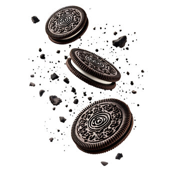 Delicious oreo cookies floating with crumbles against a dramatic white background for advertising PNG file isolated on transparent background cut out, clipping path, social media, Advertisement.