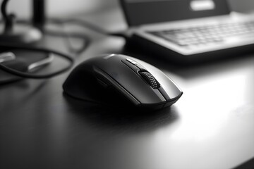 Dramatic black and white close-up of a computer mouse on an office desk with a laptop in the background