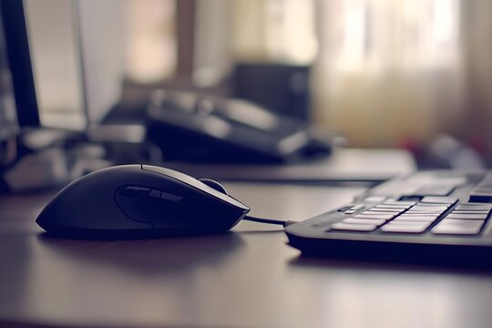 Cinematic close-up of a computer mouse and keyboard on a desk in a warm, softly lit office