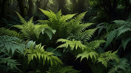 Fototapeta premium Vibrant green fern leaves thrive amongst the branches of a forest, a natural texture of the season