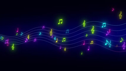 neon lights colorful music notes and cords flying animation, bar and concert social media motion background - Powered by Adobe