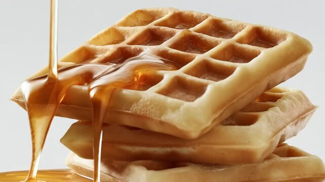 Delicious waffles being drizzled with golden syrup for a perfect breakfast treat at a cozy kitchen setting
